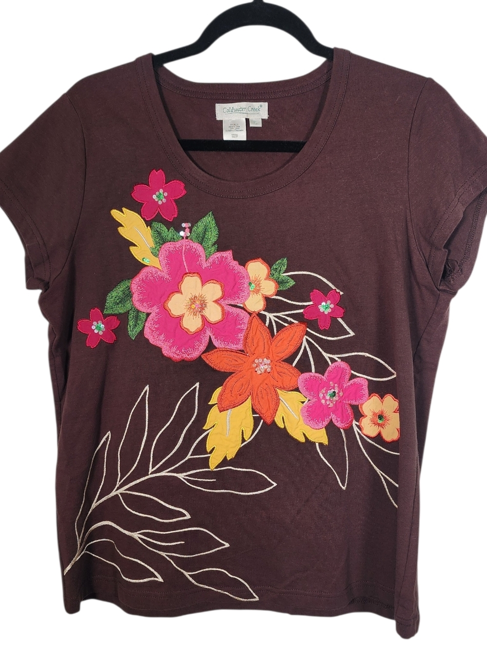 Coldwater Creek Women's Brown Floral Appliqué Tee